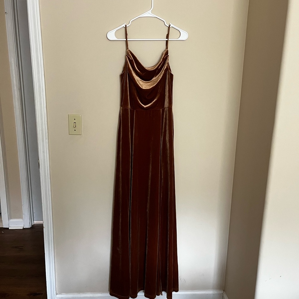 David's Bridal Brown Tawny Cowl Neck Maxi Dress